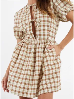 Motel Plaid Puff Sleeve Tie-Front Dress Size S Brown & Green Check Cottagecore thumbnail 5