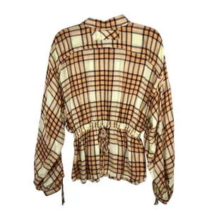 Free People‎ Peach Pacific Dawn Plaid Pull String Sleeve Snap Button Shirt M thumbnail 5