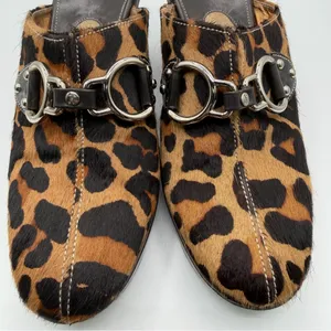 Cole Haan Leopard Calf Hair Horsebit Mule Heels Brown Black Womens 7.5B Brazil thumbnail 7