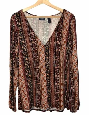 Daytrip Boho Button Down Floral V-Neck Flowy Long‎ Sleeve Top L thumbnail 1
