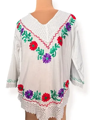 Embroidered Cotton Top White Floral Crochet Lace Boho Peasant Hippie Festival thumbnail 1