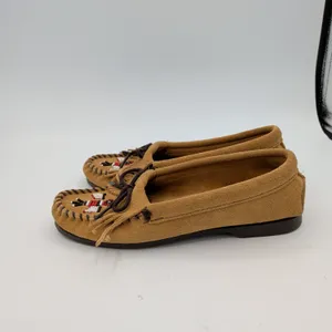 Minnetonka Thunderbird II Suede Moccasins Tan‎ Beaded Fringe Womens 6 177 thumbnail 2