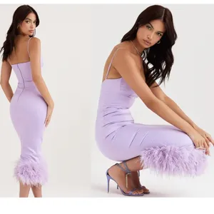 House of CB ‘Helena’ Orchid Satin Midi Dress with Feathered Trim NWOT size S thumbnail 2