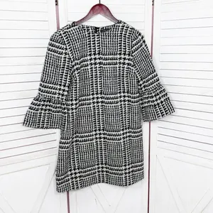 Zara Houndstooth Check Bell Cuff Shift Mini Dress Black Cream Medium‎ thumbnail 9