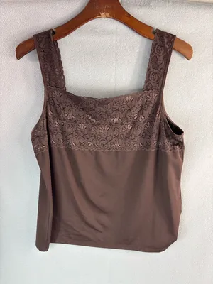 Cato L Nylon Wide Strap Cami Brown Lace-Trim Camisole Top thumbnail 1