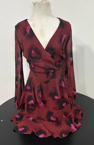 Love Fire Burgundy Floral Ruffle Mini Dress | Long Sleeve Wrap Style thumbnail 1