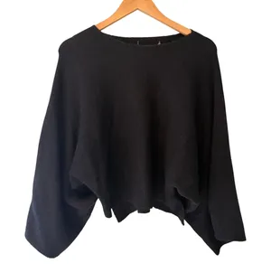 Black Cropped Sweater Bell Sleeve Raw Hem Made in USA Wool Blend Y2K thumbnail 1