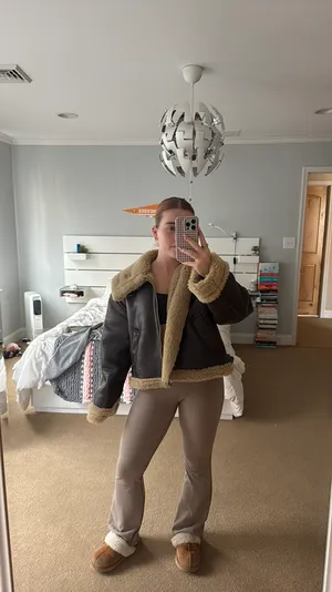 Brown and black faux leather aviator oversized jacket thumbnail 3