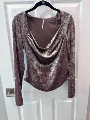 Free People Velvet Long-Sleeve Drape Neck Top - Taupe size Small thumbnail 5