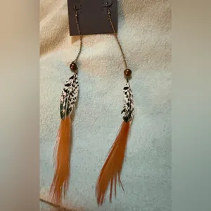 Feather Drop Earrings with Orange and Black Accents thumbnail 3