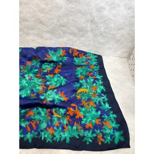 Magenta Vintage Square Scarf Made in Italy Navy Blue Green Leaf Bird Print thumbnail 7
