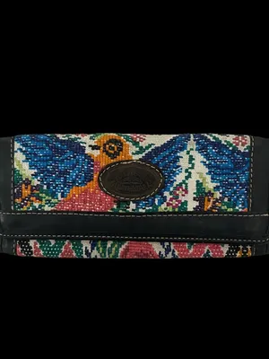 Embroidered Multicolor Bird Continental Wallet with Black Leather Trim thumbnail 7