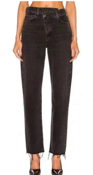 Agolde Criss Cross High Waist Jeans 29 Womens Black Shambles Cotton Frayed thumbnail 1