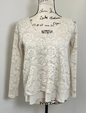 HOLLISTER‎ Ivory Lace Layered Long Sleeve Top Sheer Flower Print S thumbnail 1
