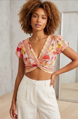 Angie Knot Front Groovy 70’s Hippie V Neck Crop Top Small. thumbnail 1