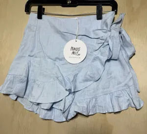 Princess Polly Herring Shorts US 4 Blue Wrap Ruffle Tie Waist Linen‎ Blend thumbnail 1