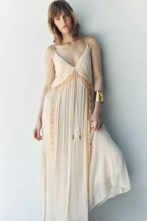 Zara Cream Maxi Dress long flowy bohemian summer casual vacation sundress wedding thumbnail 4
