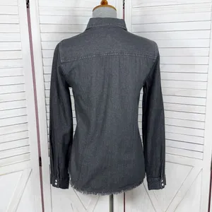 True Freedom Lace Trim Raw Edge Denim Button Up Shirt‎ Gray Black Small thumbnail 4