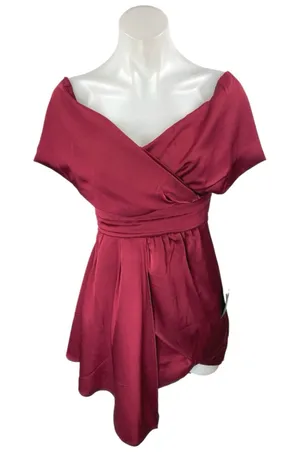 NEW Lulus Red Satin Silk Off The Shoulder Faux Wrap A Line Mini Dress Size XS thumbnail 1