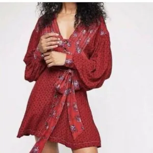 Free People Red Floral Mini Dress Long Sleeve Button Down V-Neck Boho Small thumbnail 9