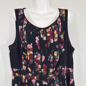 Adrianna Papell Black Floral Pleated Sleeveless Midi Dress Wedding Guest Size 14 thumbnail 3