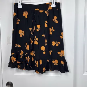 Women's Black Orange Floral Ruffle Hem Midi Skirt Elastic Waist Boho Size XL thumbnail 2