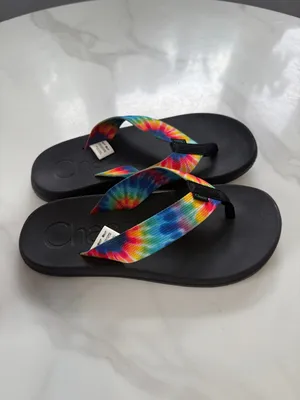 Chacos chillos Black Flip Flops with Rainbow Tie-Dye Straps thumbnail 2