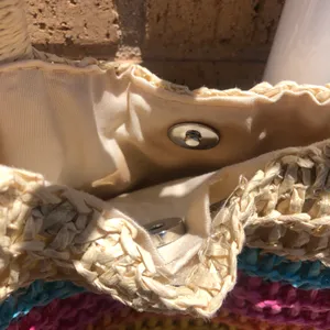 Raffia boho bohemian basket wicker straw neutral rainbow shoulder tote bag purse thumbnail 5