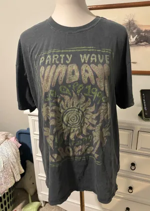 Roxy Graphic Tee Shirt Party Wave Sunday Distressed Charcoal Gray Oversized thumbnail 1