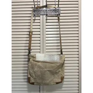 Myra Hair On Cowhide Leather Canvas Paisley Shoulder‎ Bag Boho Gray/Tan thumbnail 12