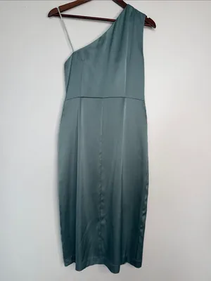 Kay Unger Sage Green One Shoulder Draped Satin Midi Cocktail Dress 6 NWT thumbnail 5
