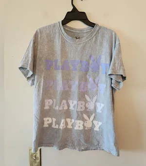 Playboy Stonewash Bunny Spell Out Logo Grey T-Shirt Size womens Medium Cotton thumbnail 1