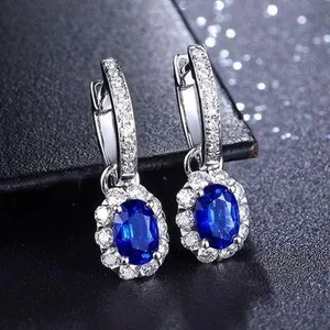 18K White Gold Plated Diamond Blue Gemstone Sapphire Dangle Drop Earrings for Women thumbnail 1