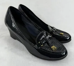 Lauren Ralph Lauren Black Patent Leather Wedge Loafers with Gold Accents 8 READ‎ thumbnail 1