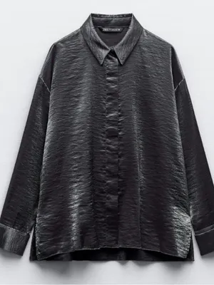Zara Shiny Charcoal Black Satin Button-Up Shirt thumbnail 3