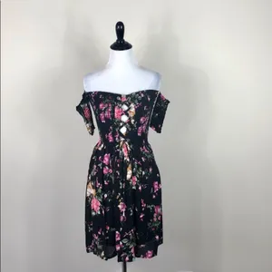 Black Floral Off Shoulder Lace Up Mini Dress Ruched Stretchy Size Small thumbnail 4