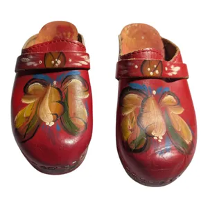 Vtg 1970s Holie Red Leather Hand Painted Wooden Sole Swedish Clogs Sz 36 5.5 thumbnail 2