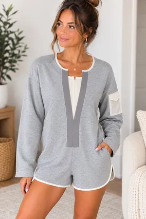 Free People Movement Take The Plunge Romper Size L Gray Terry thumbnail 1
