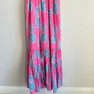 Crown & Ivy Women’s Dress M Pink Blue Pineapple Swiss Dot Smocked Maxi Beach thumbnail 7