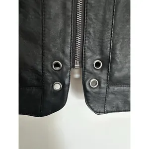 Odyn Women's Black Vegan Leather Moto Jacket. Quilted. Metal Accents. Zipper thumbnail 13