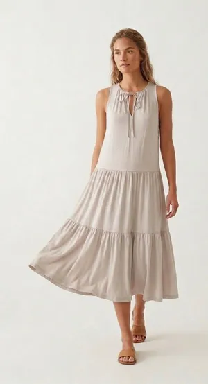 Zara NWT Beige Tiered Babydoll Midi Dress Soft Resort Wear Casual Summer Boho S thumbnail 1