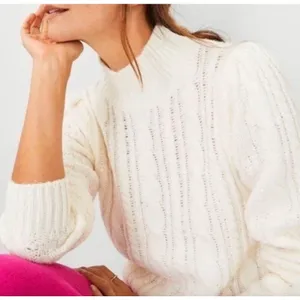 Ann Taylor Chunky Cable Knit Mock Neck Puff Sleeve Sweater Preppy White XS thumbnail 3