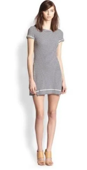 Theory Onissa Striped 100% Cotton Ribbed Mini Dress Small Navy White Coastal EUC thumbnail 1