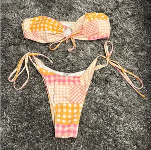 SheIn Orange and pink plaid strapless bikini thumbnail 1