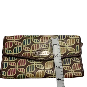 Fossil Leather Checkbook Wallet Brown‎ Retro Print Bifold thumbnail 5