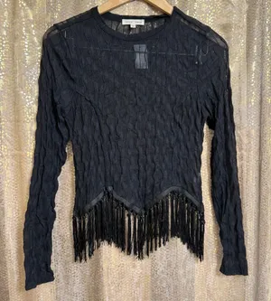 Moa Moa Black Sheer Textured Fringe Bottom Long Sleeve Top Large NWT thumbnail 1