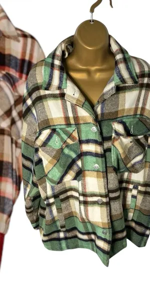 Zara Plaid Shacket Overshirt Snap Front Green Cream Large L thumbnail 1
