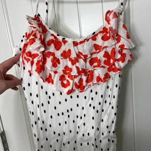 EUC RIXO women’s basketball team white cream black polka dot‎ ruffle lined dress thumbnail 2
