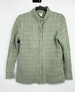 L.L. BEAN Cable Knit Button Cardigan Size Medium Green Fisherman‎ Chunky Preppy thumbnail 1