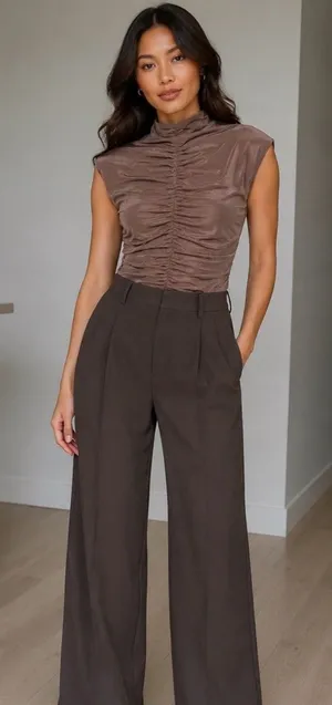 Naked Wardrobe NEW Women XS Espresso Brown Ruched Sleeveless Top Minimalist Chic thumbnail 1